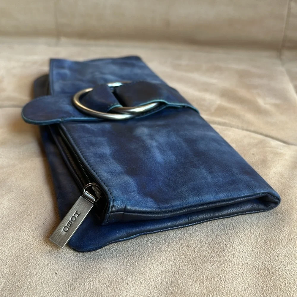 HOBO International MADELINE Soft Blue Leather Foldover Clutch Bag w/ Buckle
